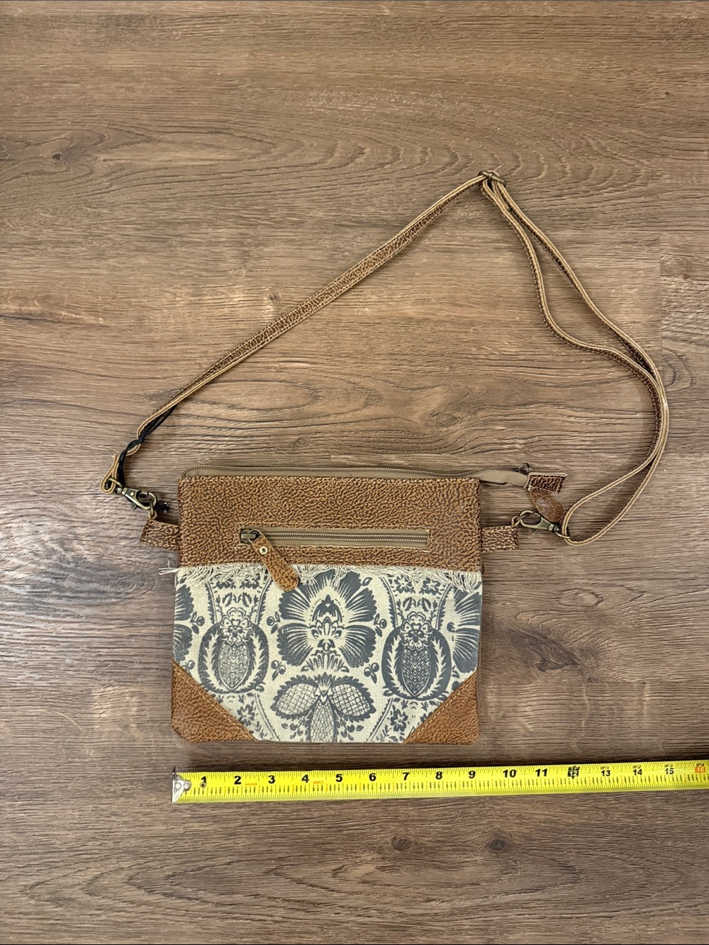 Myra Bag Women's Tan Leather Blue Patterned Crossbody Bag